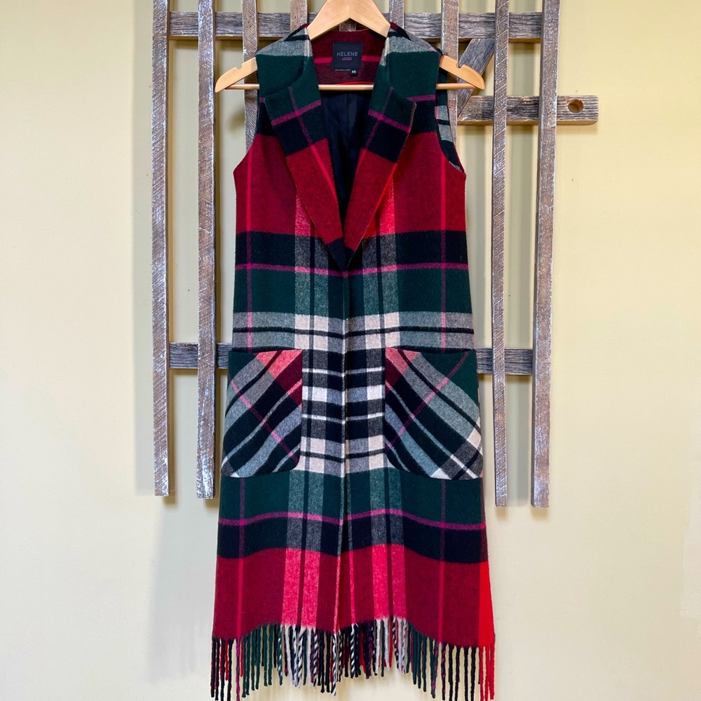 Helene Berman Plaid Longline Fringe Hem Vest